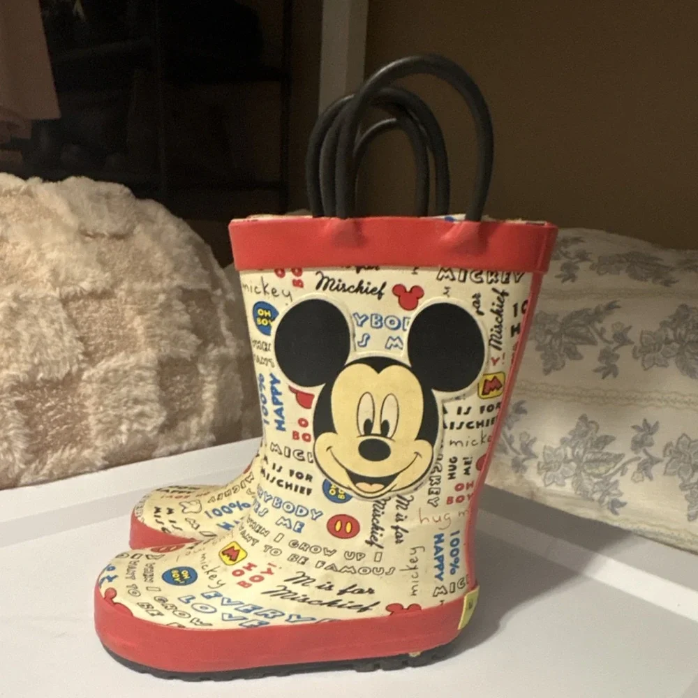 Western Chief Disney Mickey Mouse Rain Boots Kids US 7/8 Oh Boy Gray Cream Red